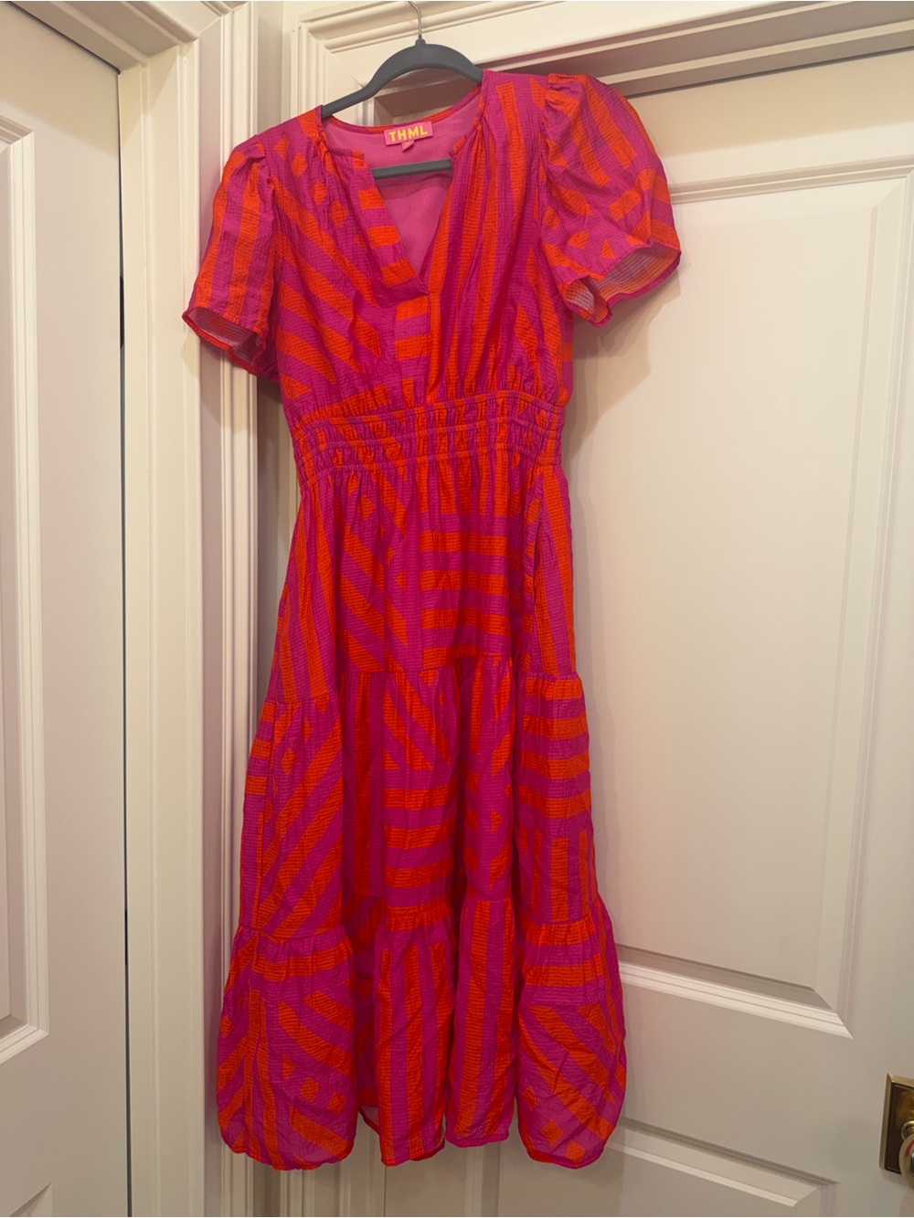 THML Fuchsia and Red Striped V-Neck Tiered Dress w